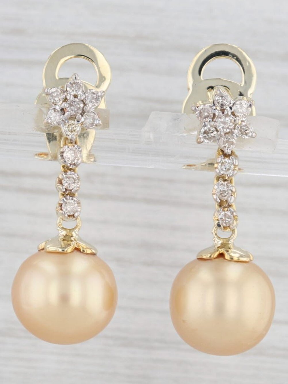 0.38ctw Diamond Cultured Golden Pearl Dangle Earrings 14k Yellow Gold